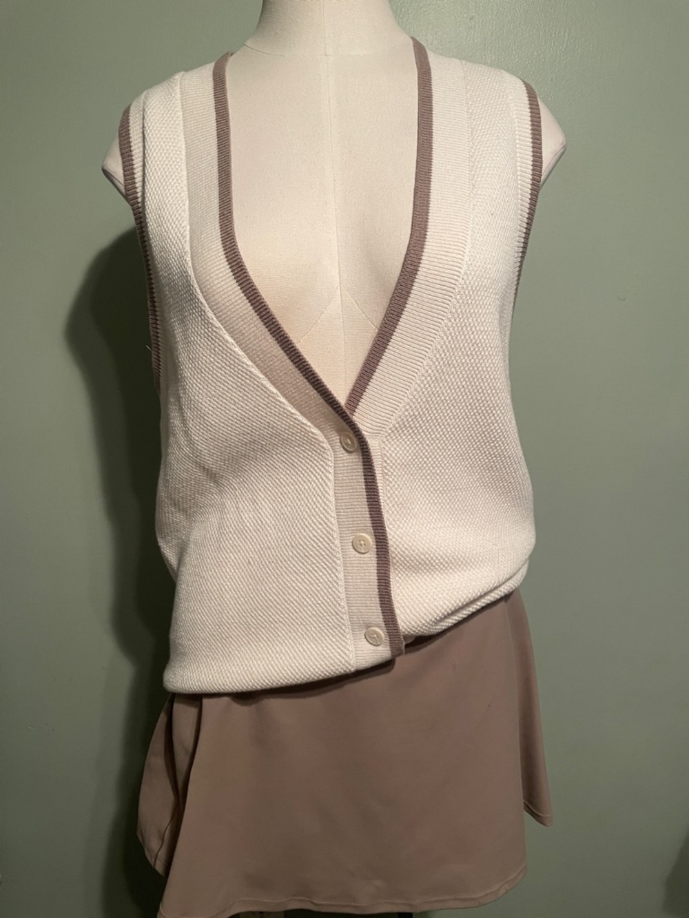Cream Knit Button Front Vest with Taupe Trim